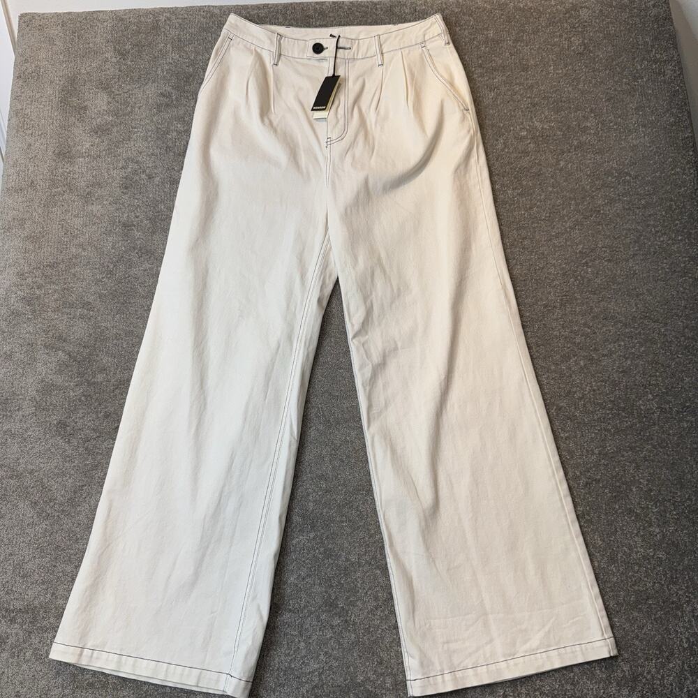 MONROW Women's Wide Leg Twill Pants Size L Ivory High Rise Casual‎ Stretch 32x32